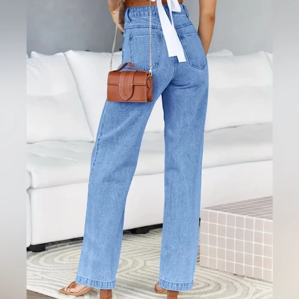 High Waist Straight Leg Jeans – Light Blue Vintage Denim - Picture 2 of 2
